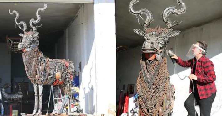 Dev geyik heykeli yaptı: 1 ton metal atık kullandı !